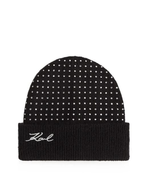 Karl Lagerfeld Black K/Signature Rhinestone-Embellished Beanie
