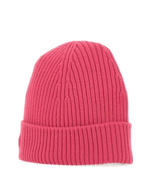 Lacoste Pink Ribbed Logo-Patch Beanie Hat for men