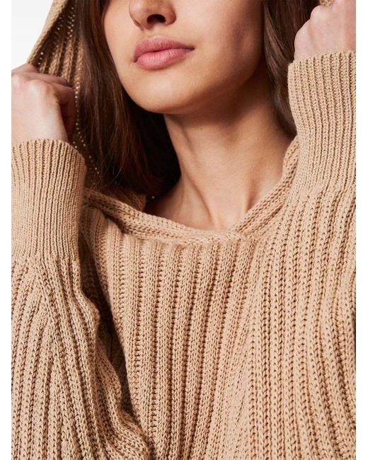 Twin Set Natural Hooded Ribbed-Knit Sweater