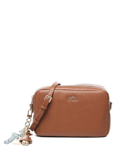V73 Brown Double-Zip Charm Shoulder Bag