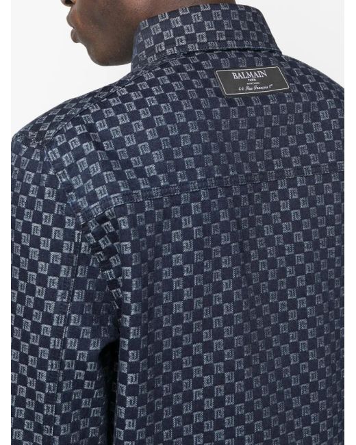 Balmain Blue Monogram-Jacquard Denim Shirt for men