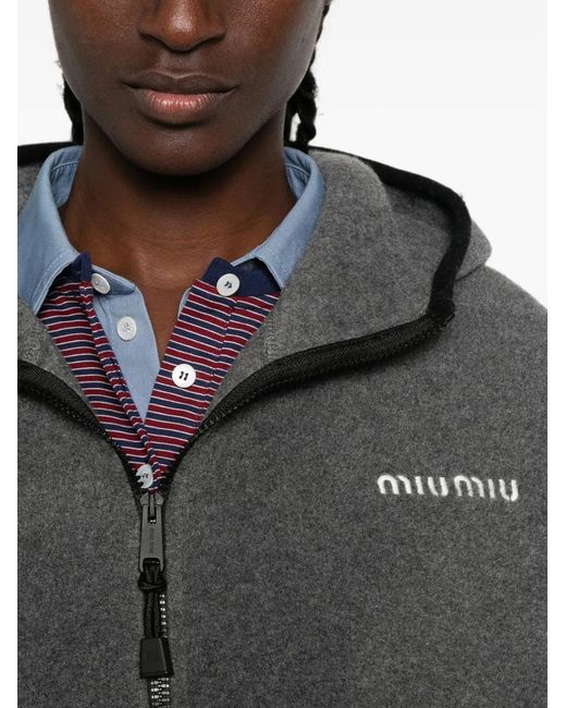 Miu Miu Gray Logo-Appliqué Cropped Hoodie