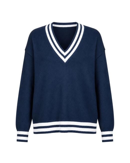 White + Warren Blue Striped-Trim V-Neck Sweater