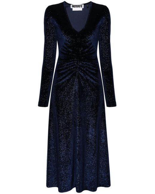 ROTATE BIRGER CHRISTENSEN Blue Rhinestone-embellished Ruched Midi Dress