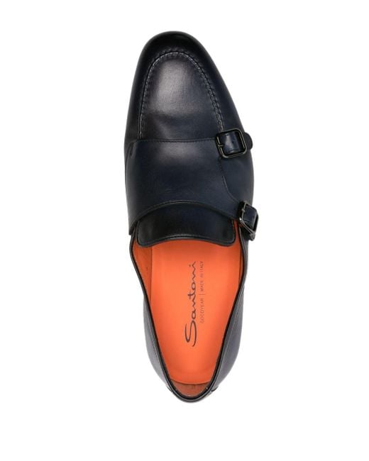 Santoni Blue Double-buckle Leather Monk Shoes for men