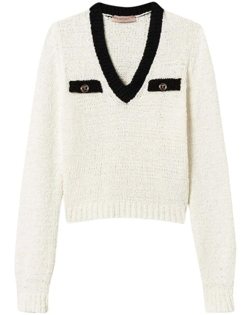 Twinset White Oval T Button-Detail Jumper