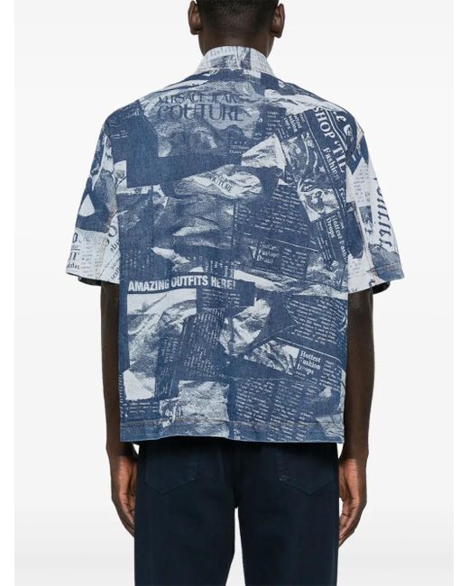 Versace Jeans Couture Blue Magazine-Print Denim Shirt for men
