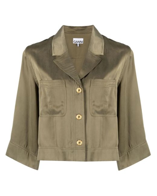 Ganni Green Cropped Satin Shirt