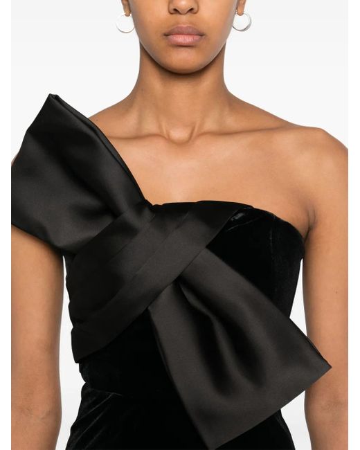 Nissa Black Bow-Detailing Velvet Midi Dress