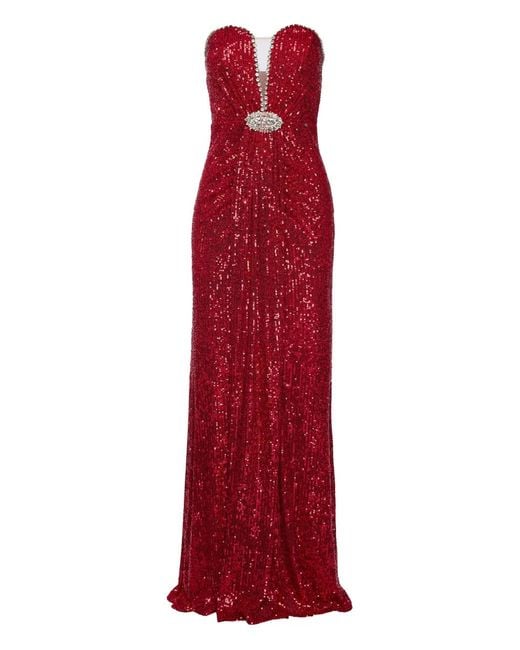 Nissa Red Sequined Embellished Maxi Dress