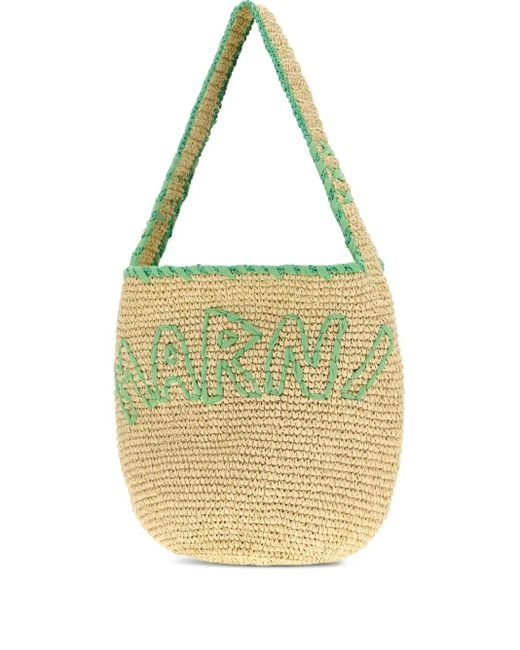 Marni Metallic Großer Shopper aus Bast mit Logo-Stickerei