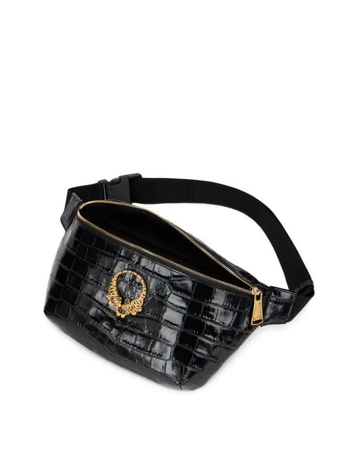 Roberto Cavalli Black Croc-Effect Tiger-Plaque Belt Bag for men