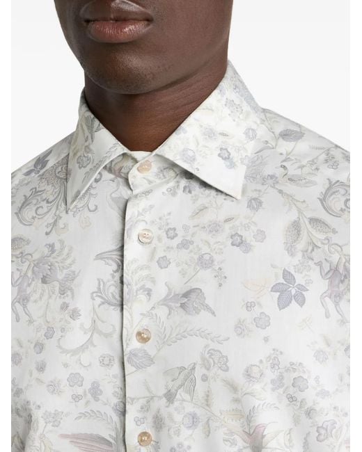 Etro White Chemise En Satin À Motif Flora Fauna for men