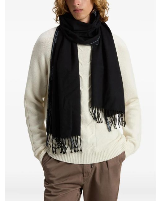 Woolrich Black Logo-Detail Fringed Scarf for men