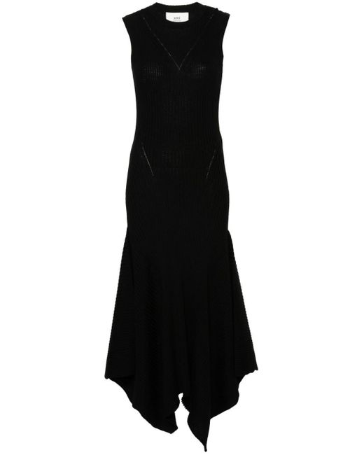 AMI Black Ribbed-knit Merino Dress