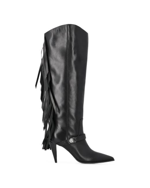 Pinko Black Fringe-Detail Leather Boots