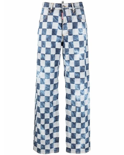 DSquared² Blue Checked Wide-Leg Jeans