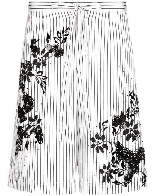 Dolce & Gabbana White Floral-detail Striped Bermuda Shorts for men