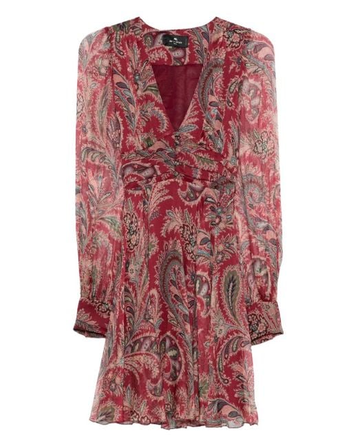 Etro Red Paisley-Print V-Neck Mini Dress