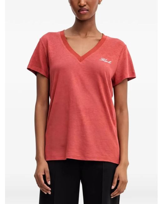 Karl Lagerfeld Red V-Neck Logo-Detail T-Shirt