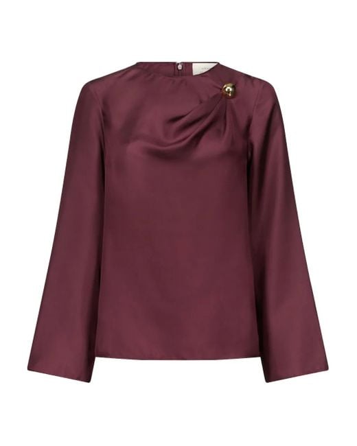 Loulou de Saison Purple Azae Draped Brooch-Detail Blouse