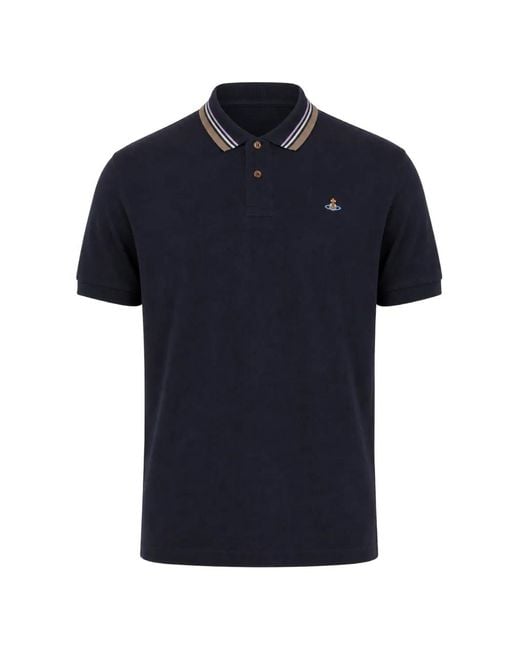 Vivienne Westwood Blue Orb-Embroidered Striped-Collar Polo Shirt