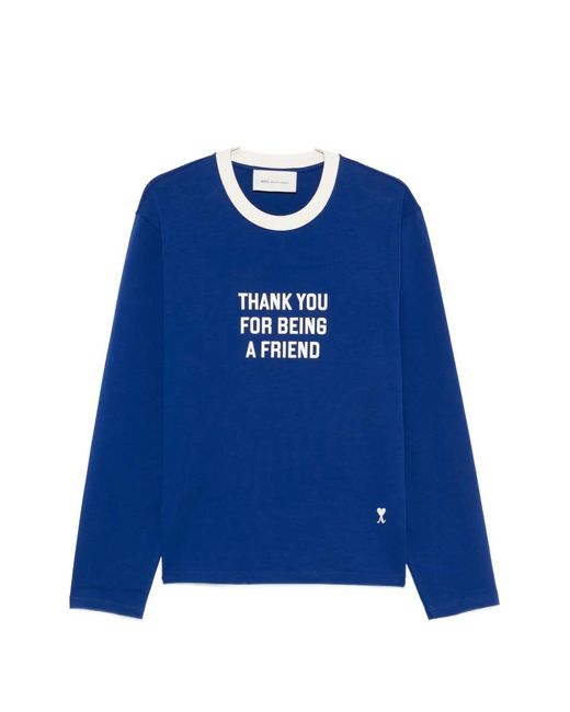 AMI Blue Slogan-Print Long-Sleeve T-Shirt for men