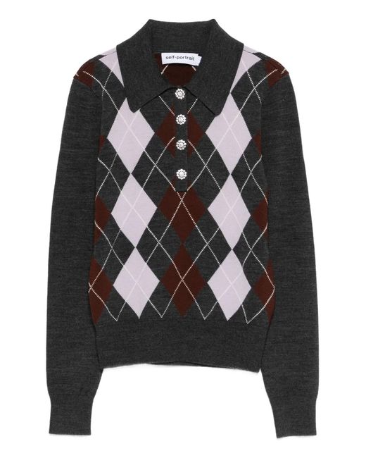 Self-Portrait Black Anthracite Ls Polo Diamonds