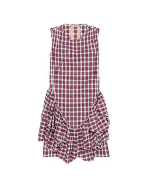 N°21 Red Plaid-Pattern Midi Dress