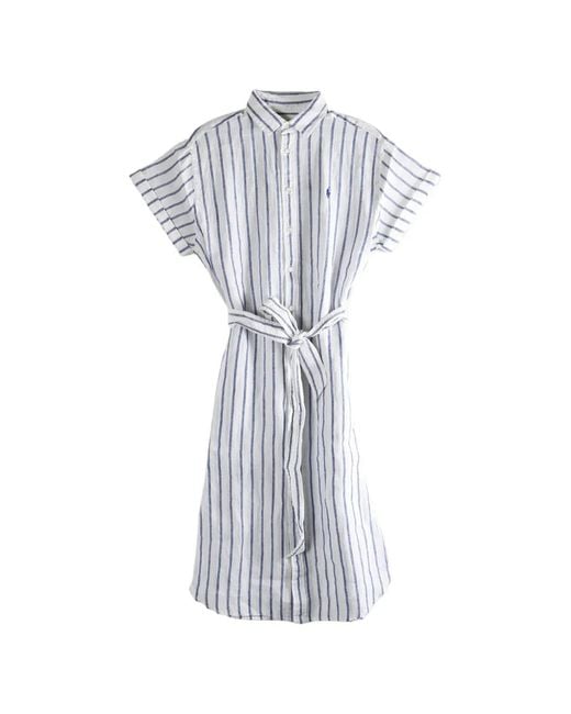 Polo Ralph Lauren White Striped-Pattern Tie-Waist Midi Shirt Dress
