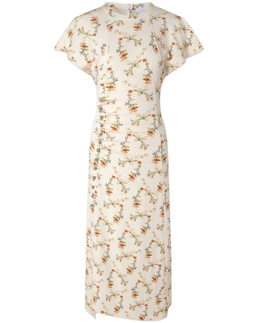 Rabanne Natural Floral-Print Ruched Midi Dress