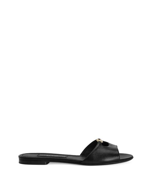 Dolce & Gabbana Black Silk Nappa Leather Flat Slippers