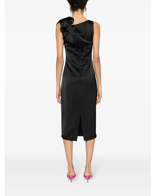 Nissa Black Ruffled Satin Midi Dress