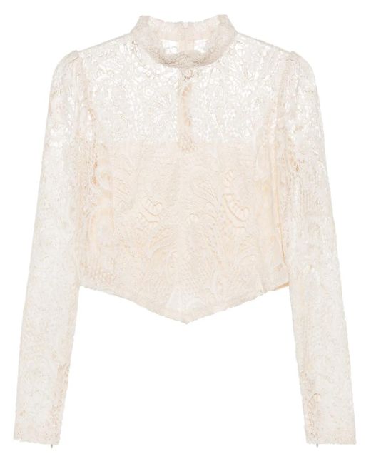 Twinset White Cropped Macramé-Lace Top