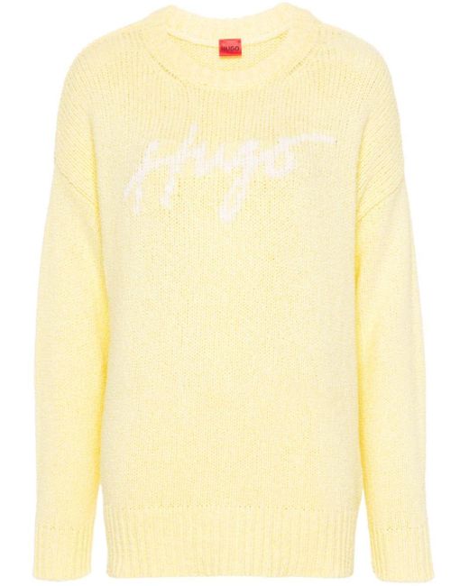 HUGO Yellow Intarsia-knit Logo Drop-shoulder Jumper