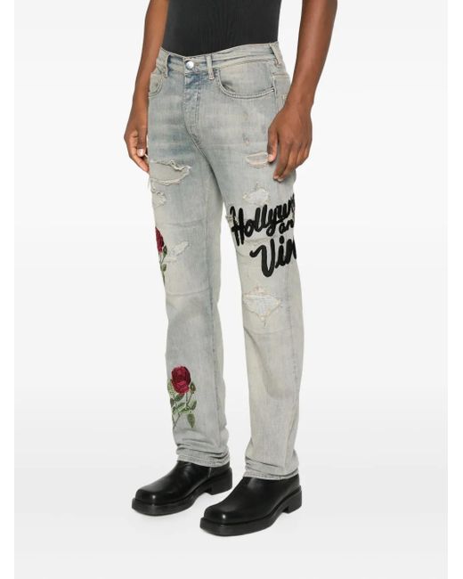 Amiri Gray Rose-Embroidered Distressed Jeans for men
