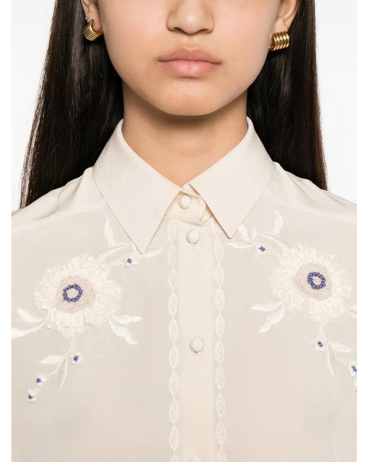 Valentino Garavani Natural Blouse À Fleurs Brodées Et Manches À Plis