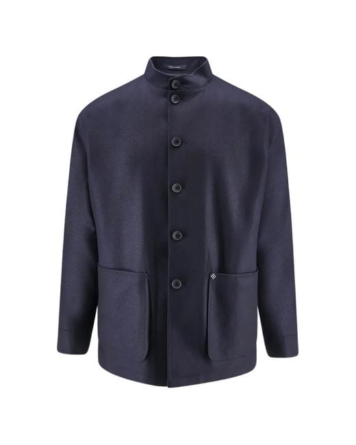Tagliatore Blue Mandarin-Collar Patch-Pocket Jacket for men