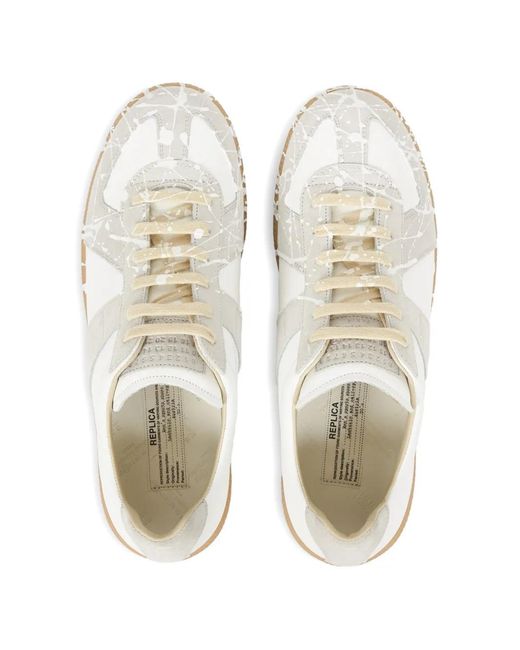 Maison Margiela White Leather And Suede Paint-Splashed Sneaker With Natural Rubber Sole for men