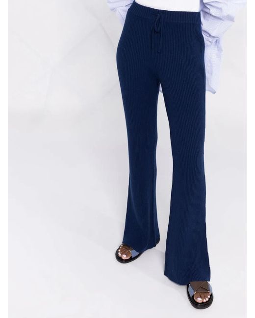 Alberta Ferretti Blue Ribbed-Knit Flared Trousers