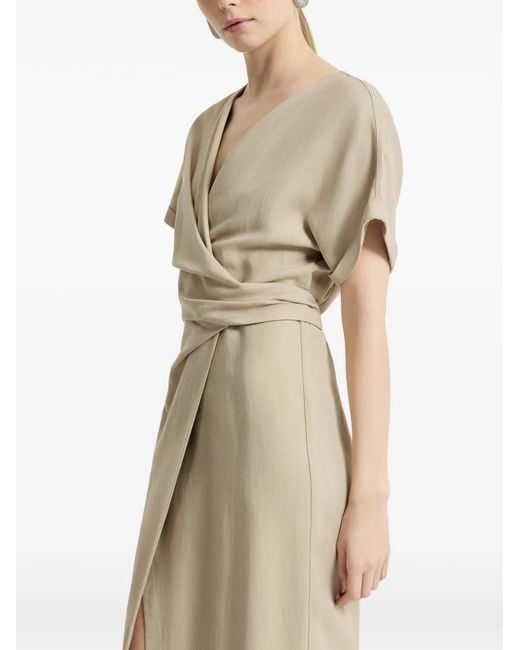 Brunello Cucinelli Natural Viscose And Linen Fluid Twill Wrap-Effect Dress With Monili