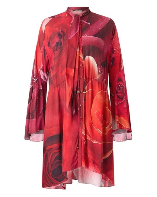 Roberto Cavalli Red Rose-Print Mini Dress