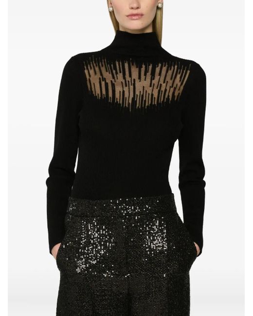 Genny Black Ribbed-Knit Sheer-Panel Top