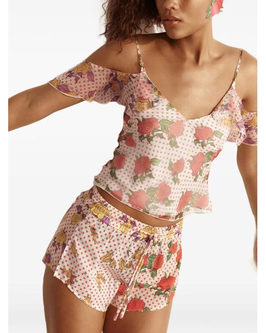 Donde Esteban Pink Floral-Print Ruffled Blouse