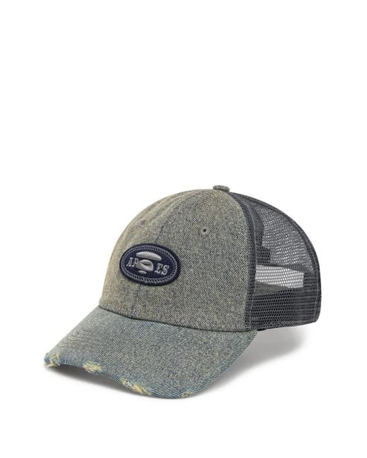 A Bathing Ape Gray Moonface Logo Distressed Denim Cap for men