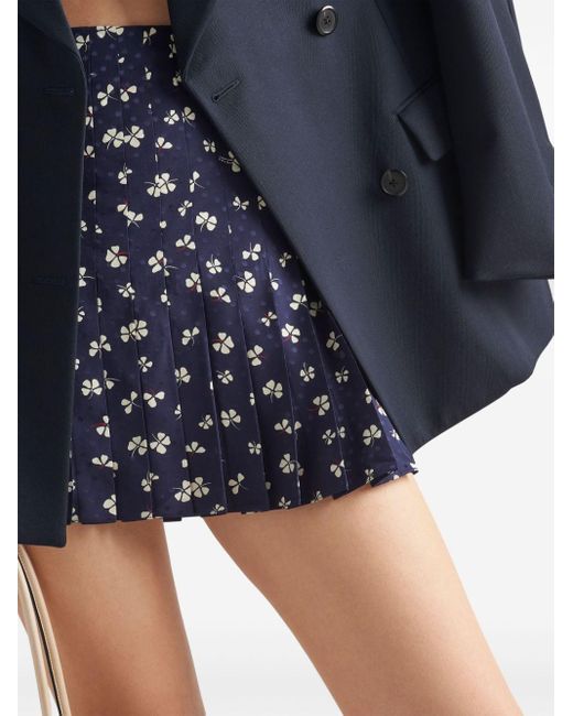 Prada Blue Floral-jacquard Pleated Mini Skirt