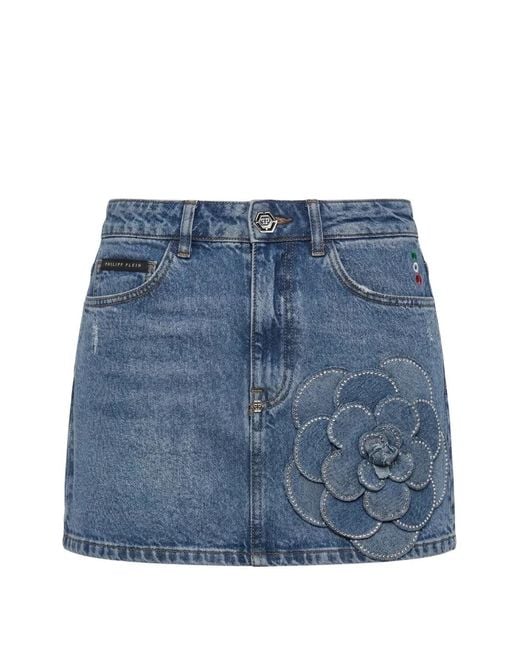 Philipp Plein Blue Denim Mini Skirt Rose Strass