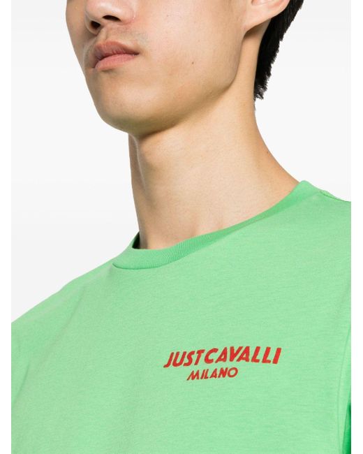 Just Cavalli Green Flocked-logo T-shirt for men