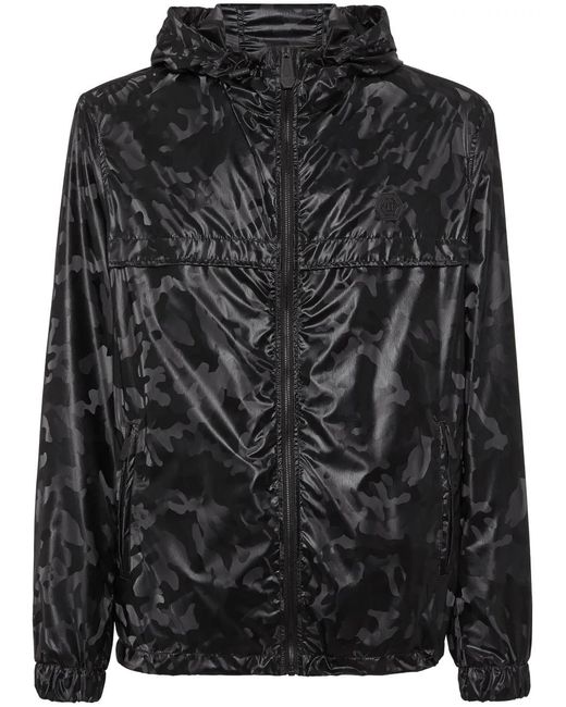 Philipp Plein Black Camouflage-Print Hooded Windbreaker for men