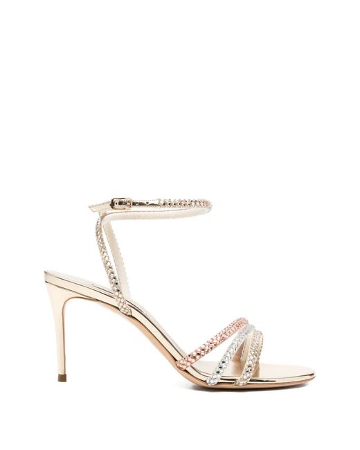 Casadei White Crystal-Embellished Crossover-Strap Sandals